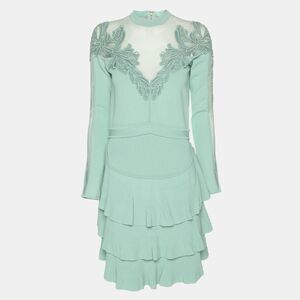 Elie Saab Mint Green Tulle Paneled Stretch Knit Appliqu&eacute;d Mini Dress S